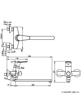 Смеситель Bravat Line F65299C-1L для ванны с душем излив 300 мм